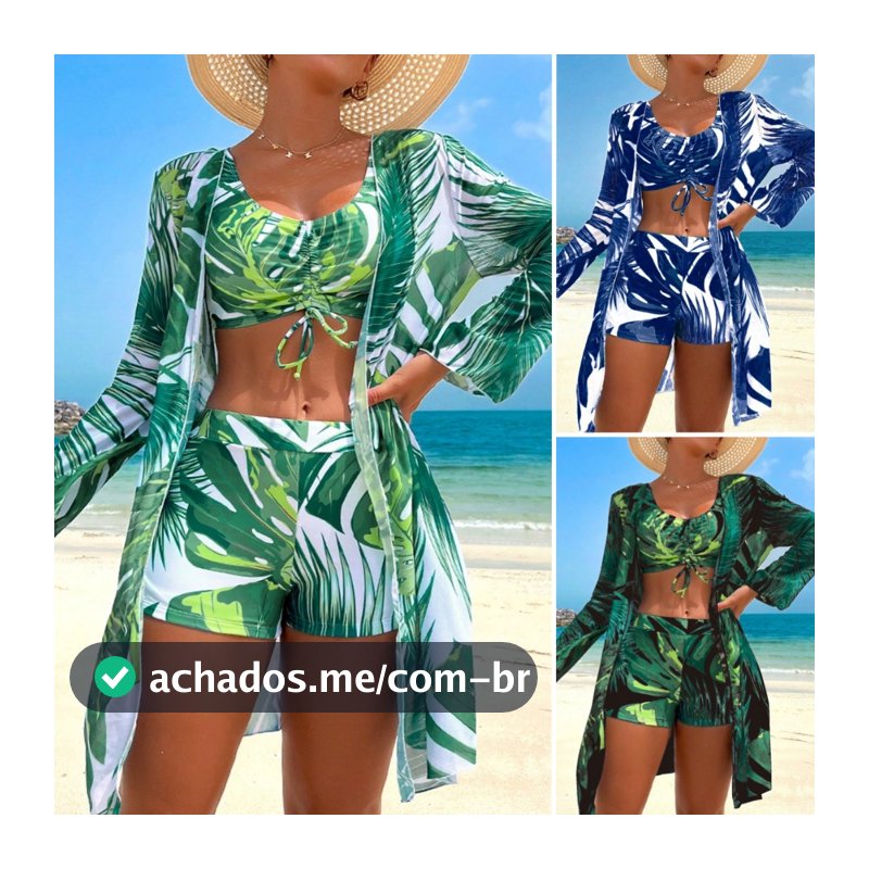 Conjunto De Biquíni Estampado De Manga Longa Em Kimono Como Maiô 3 Peças Para Mulheres