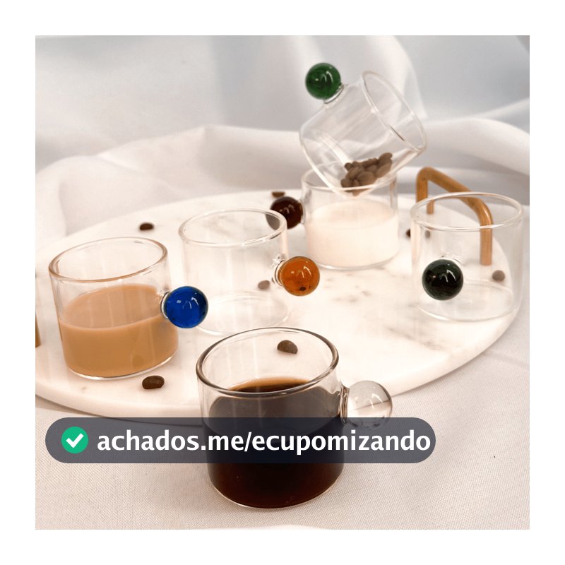 Jogo Conjunto Kit de 6 Xícaras de Vidro Borossilicato Alça Colorida Bolinha Café 100ml Transparente