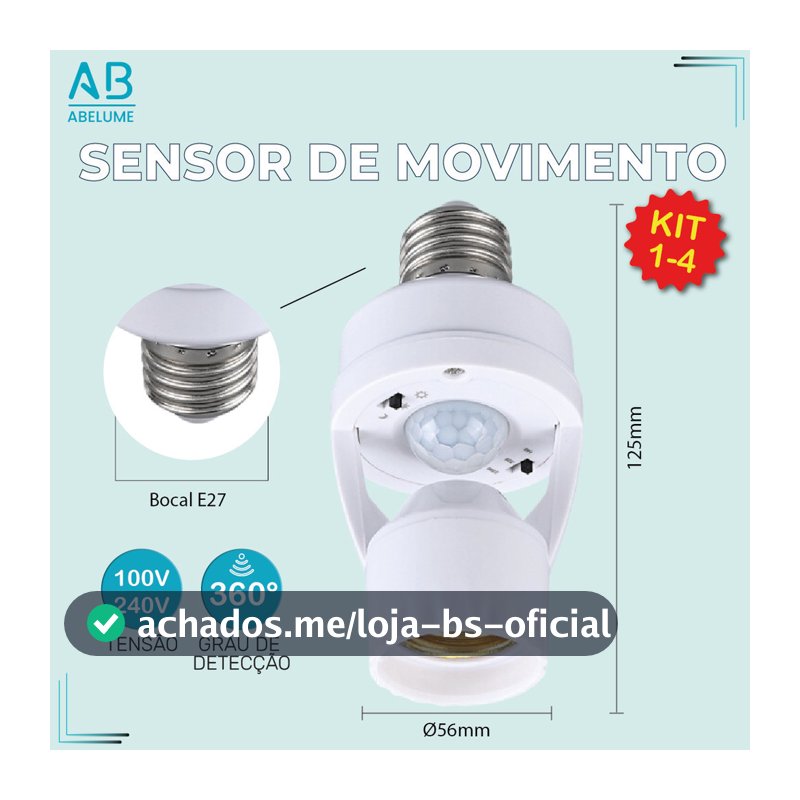 Kit 4 Sensor de Movimento para lâmpada Soquete E27 c/ sensor de presença Bivolt 110V220V Max 60W