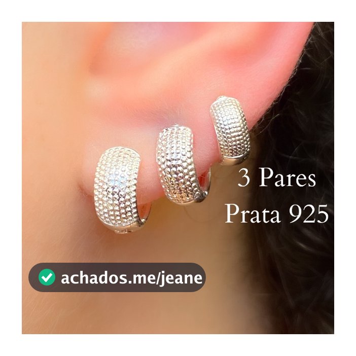 Trio Brincos Prata 925 Argolas Feminina Craquelada Fecho Click Joia Texturizada Delicada Direto de Fábrica 3 Pares