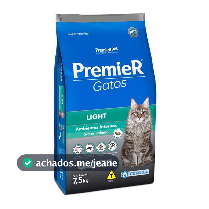 Ração Premier Gatos Ambientes Internos Light Salmão 7.5Kg