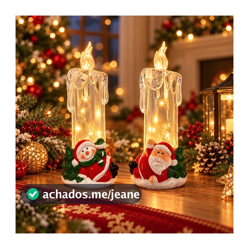 Vela com Castiçal LED 20cm Enfeite Natalino - Wincy Natal / Decoração Iluminação Mesa Papai Luxo