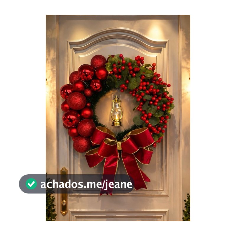 Guirlanda Natalina Luxo Luz de Natal 50cm com Lampião Iluminado, Laço e Bolas Vermelhas