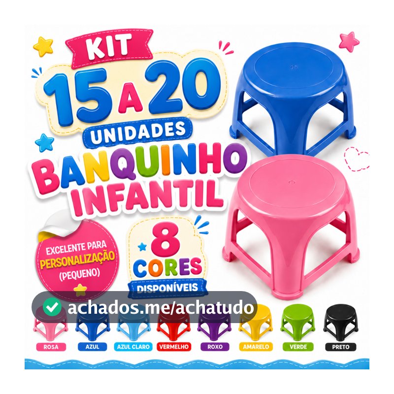 Banquinho Infantil Plástico Reforçado Para Personalização Suporta até 25kg 17cm 8 Cores Disponíveis