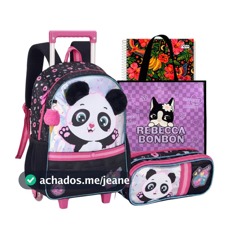Kit Mochila Escolar Panda Clio Fofo Compartimento Espaçoso e Bolsos Laterais