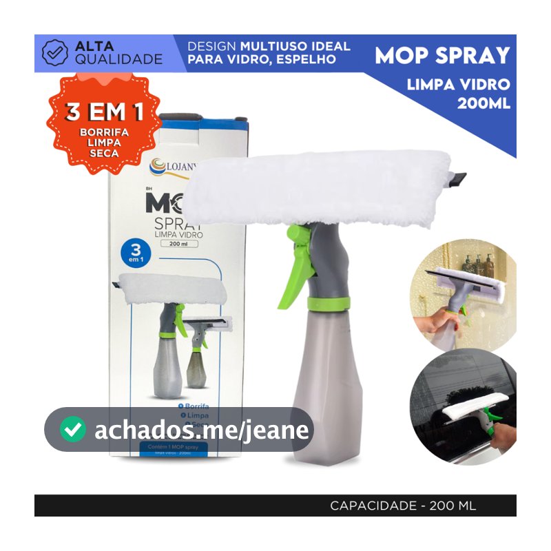 Rodo Mop Spray Limpa Vidro 3 em 1 200ml Borrifa Limpa e Seca Limpador de Vidros com Reservatório -SH