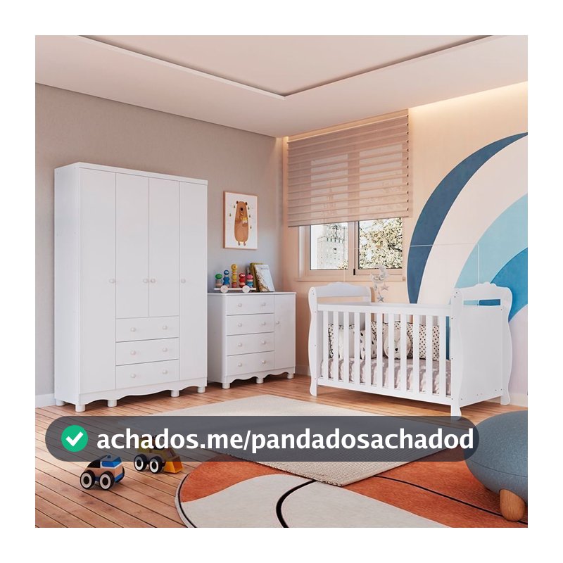Quarto de Bebê Completo Berço 3 em 1, Cômoda e Guarda Roupa 100% MDF Nina Espresso Móveis Branco Branco Brilho