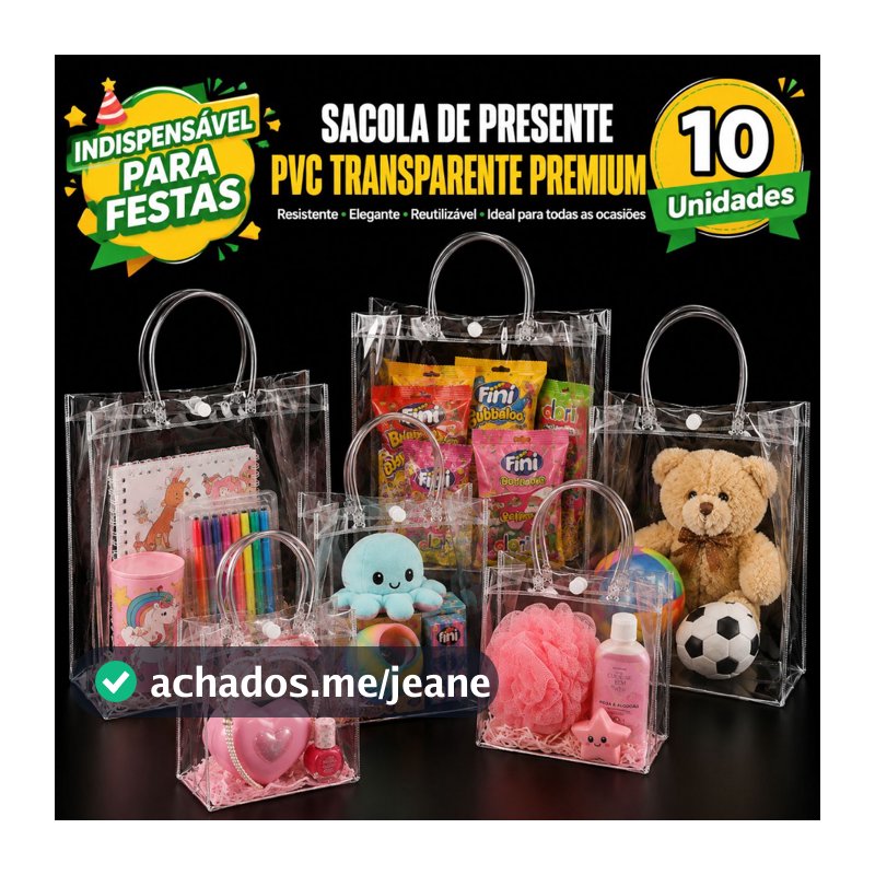 10 20 30 Unidades Sacola de Presente PVC Transparente com Alça para Festas Aniversário Lembrancinhas Batizado Natal