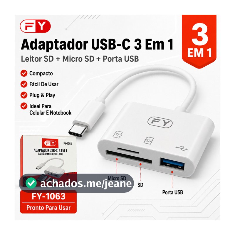 Adaptador USB-C OTG 3 Em 1 Para Celular Notebook Cartão SD Micro SD