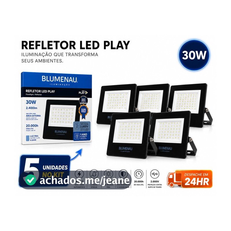 5 / 4 / 3 / 2 Refletores LED 30W Blumenau Alumínio Bivolt IP66 6500K 3K Externo Prova D'Água AltaPotência Jardim Garagem