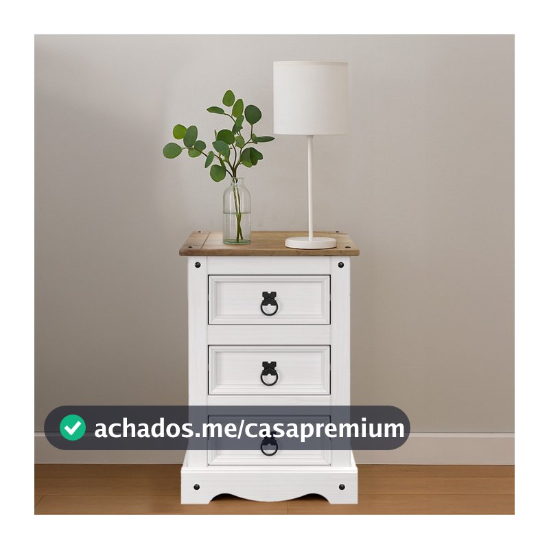 Mesa de Cabeceira Madeira Pinus 3 Gavetas Branco Lavado Corona Snow – Pense Dentro da Caixa