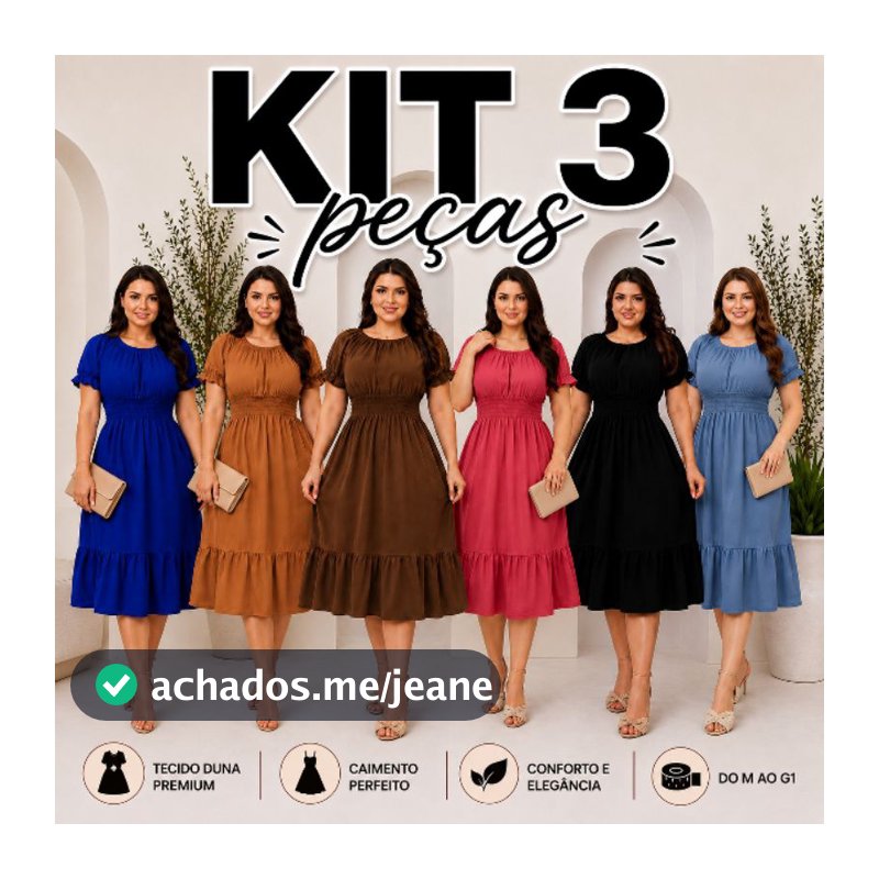 Kit 3 Vestidos Fresquinhos Femeninos Midi Moda Evangélica Duna Liso