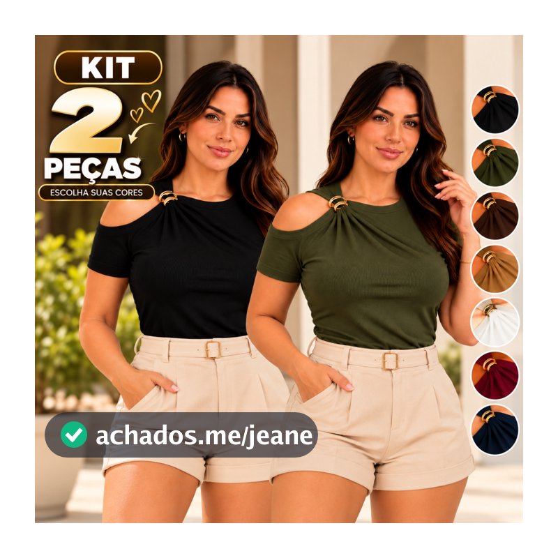 Kit 2 Blusa Feminina Plus Size Detalhe Ombro Vazado Suplex Moda Casual Fivela Organica Tendencia Verão Curve P028