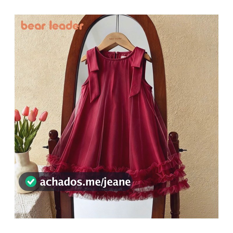 Urso Líder Verão Vermelho Natal E Ano Novo Meninas Festa Vestidos De Princesa Versão Coreana Arco Renda Malha Sem Mangas