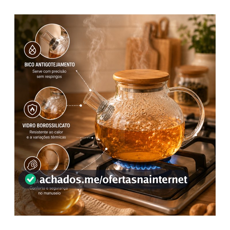 Chaleira de Vidro Borossilicato para Fogão com Filtro Inox e Tampa de Bambu 1000ml
