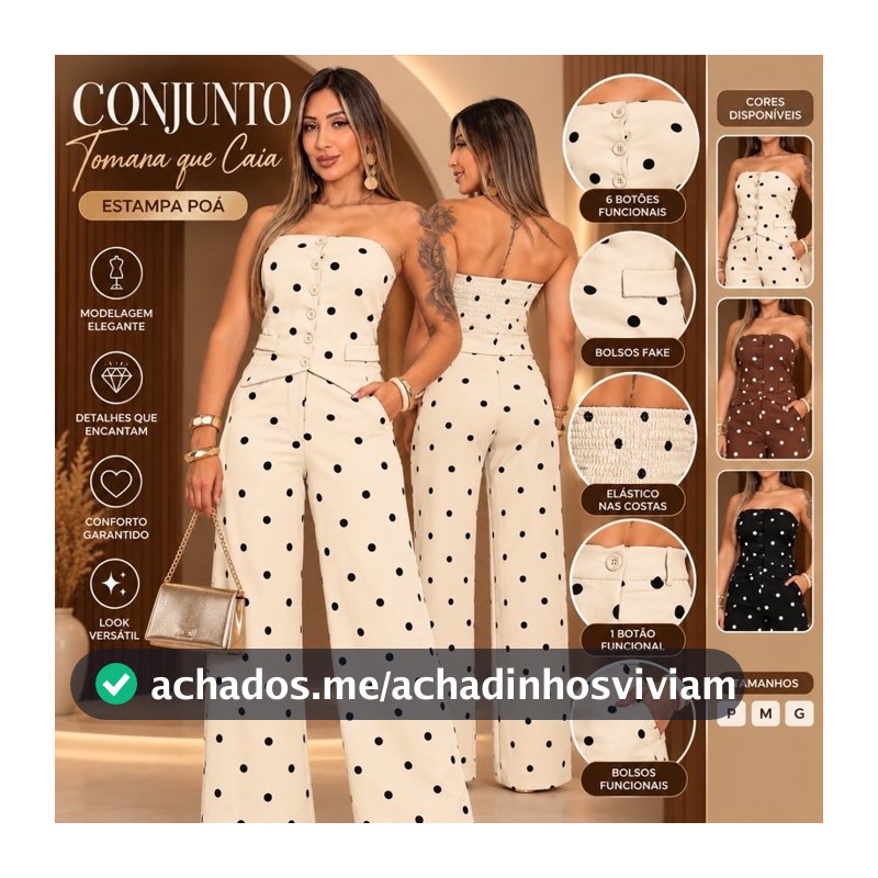 Conjunto Feminino Tomara que Caia Poá 6 Botões Calça Pantalona Elegante Moda Feminina