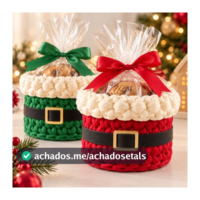 Porta Mini Panetone de Crochê Papai Noel Lembrancinha e Decoração de Natal Cesto organizador