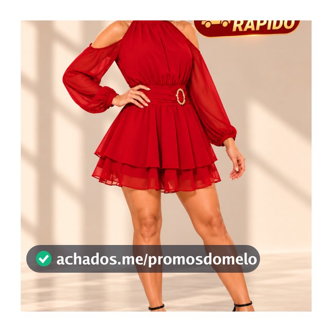 Vestido Feminino Mini Elegante de Chiffon com Gola Halter, Ombros Vazados e Bainha com Babados em Camadas Duna