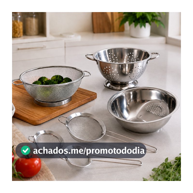 Kit 6 peças Escorredor De Arroz + Escorredor De Macarrão + Escorredor telado + 3 Peneiras Inox