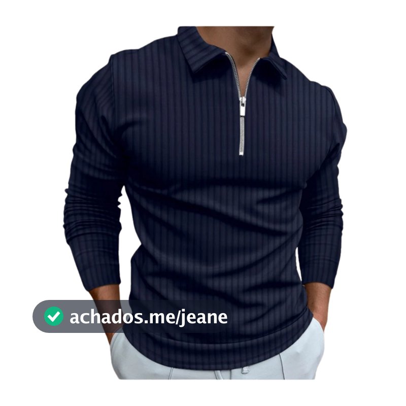 Camiseta Polo Manga Longa camisa  Com Ziper Masculina Malha Canelada camisetas camisas