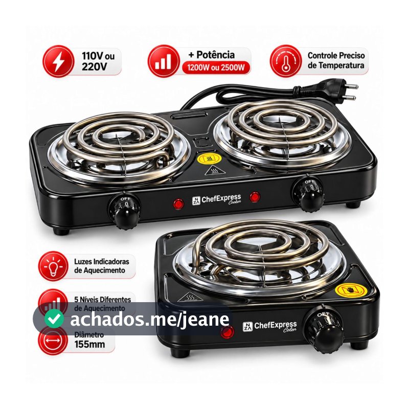 Fogão Elétrico de Mesa 1 e 2 Bocas 2500W 1000W Fogareiro Portátil Cooktop 110V 220V Prático Camping Viagem ChefExpress