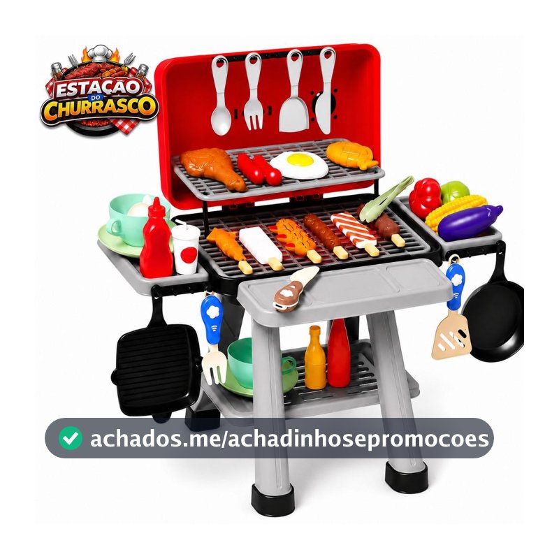 Churrasqueira Infantil de Brinquedo Completa 56 Peças com Acessórios Som Luz e Comidinhas