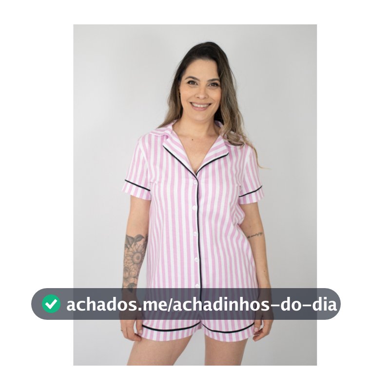 Pijama Feminino Americano Manga Curta Botões Frente Algodão Verão Amamentação - Listrado Rosa