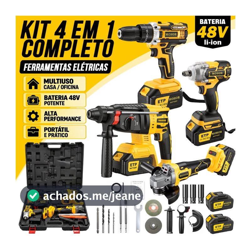 Kit 4 em 1 Sem Fio Furadeira Chave de Impacto Esmerilhadeira Parafusadeira Maleta Profissional
