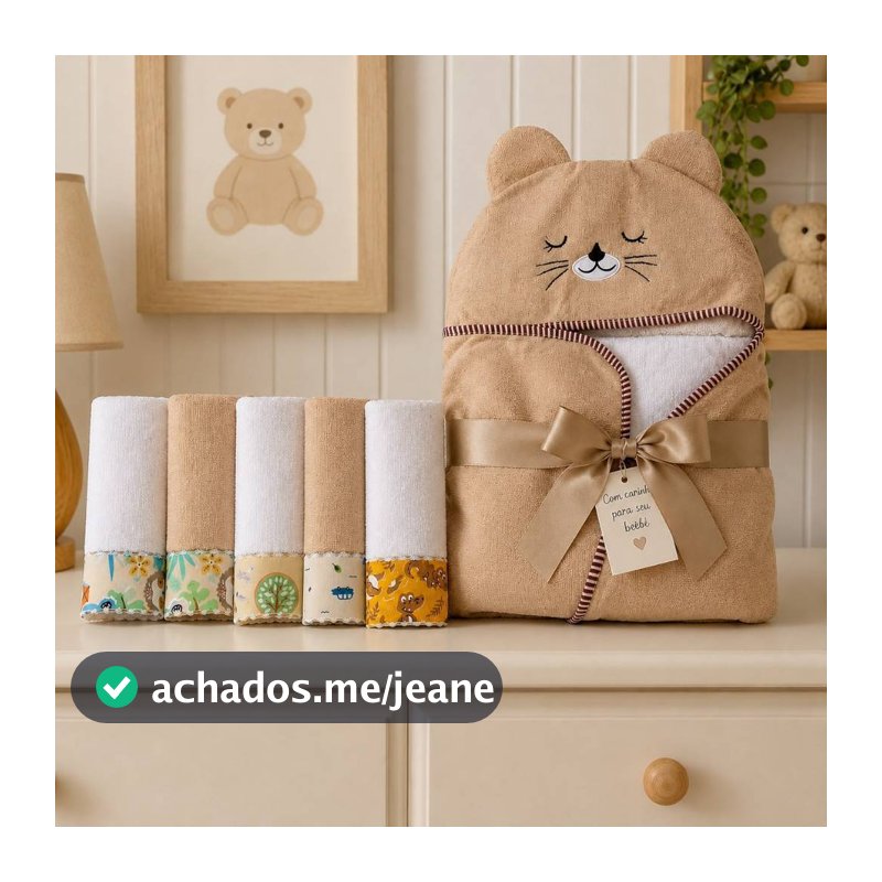 Kit Enxoval Bebê 6 Peças Toalha Capuz Carinha Bordada + 5 Toalhinhas Ombro Overloque