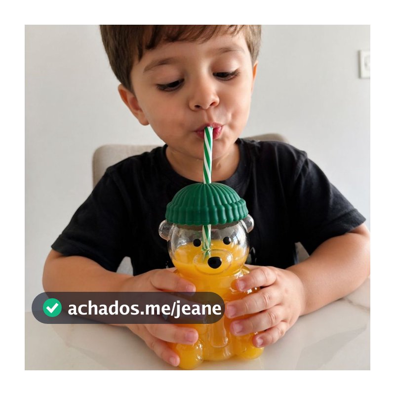 Copo de Vidro Ursinho C/ Tampa de Silicone e Canudo 600ml 26171 - Vencedor