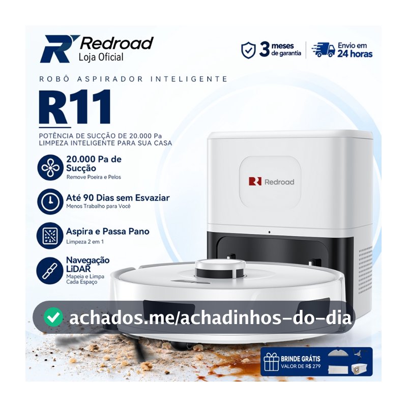 Robô Aspirador Passa Pano Redroad R11 Inteligente 20000Pa Autoesvaziável 3 em 1 App e Voz Silencioso Para Pets 127/220V