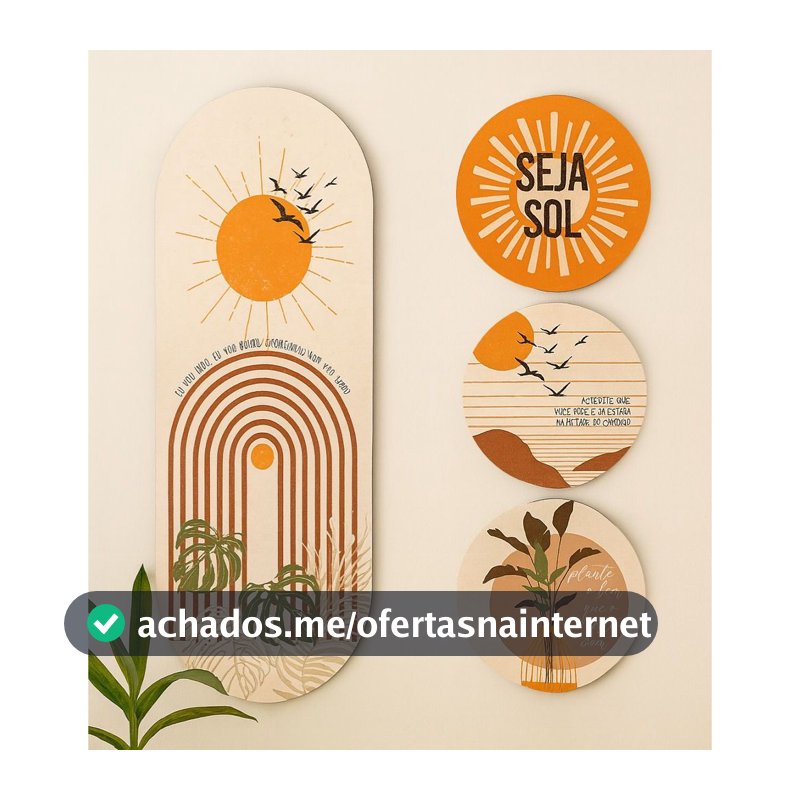 Kit 4 Placas MDF Boho Minimalista Decorativas Sala Quarto Escritório Sol Pássaro Folhagem Terracota