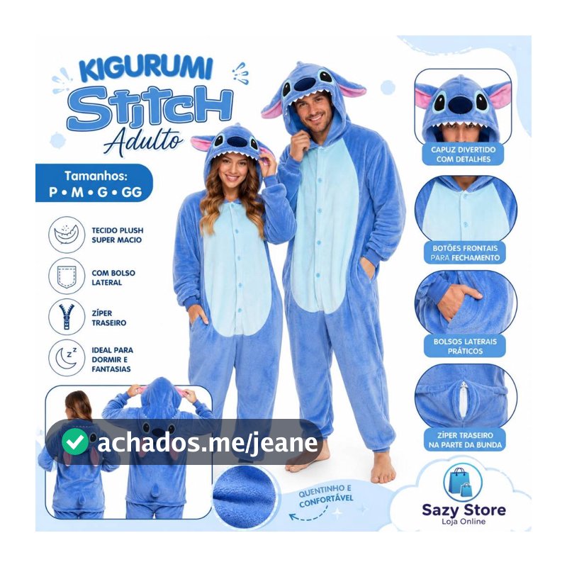 Kigurumi Stitch Adulto Premium Pijama Fantasia Macacão Unissex Plush Quentinho Cosplay