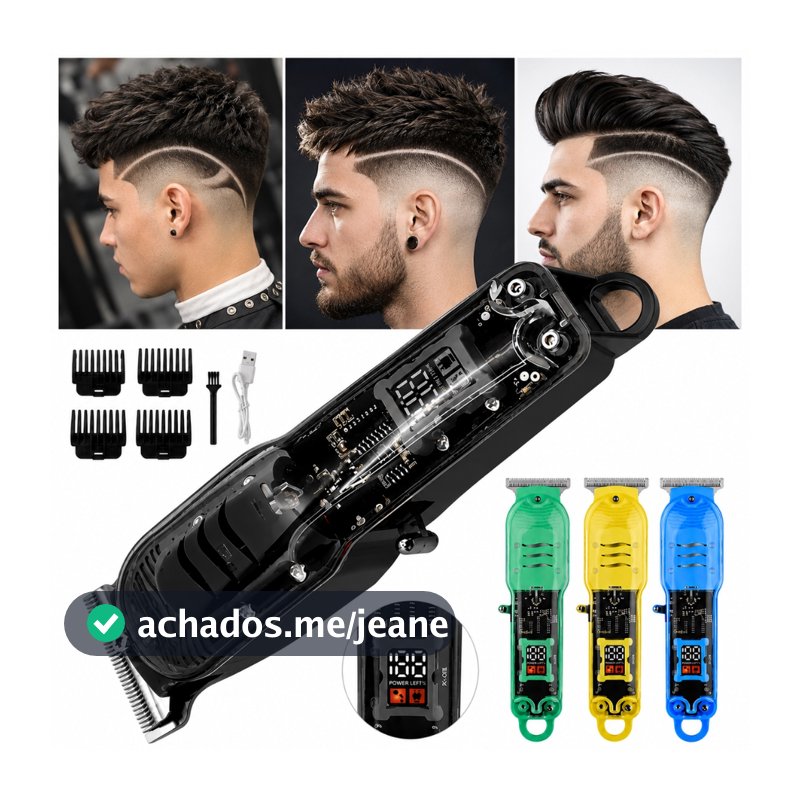 Máquina de Cortar Cabelo Profissional Sem Fio Barbeador Elétrico Smart LCD Transparente Recarregável Masculino