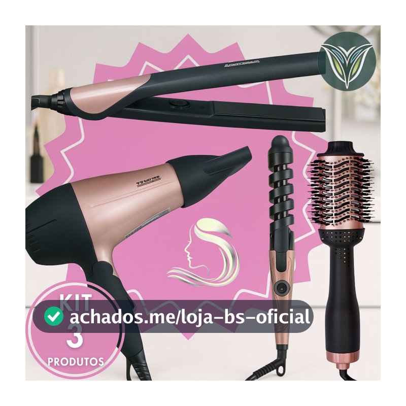 KIT 3 Escova Secadora + Secador de Cabelo Portátil + Modelador de Cachos + Chapinha Profissional Rosa Potente Qualidade