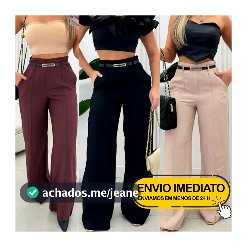 Calça Social Feminina Modelo Pantalona Alfaiataria Com Cinto Moda Luxo Blogueira Elegante