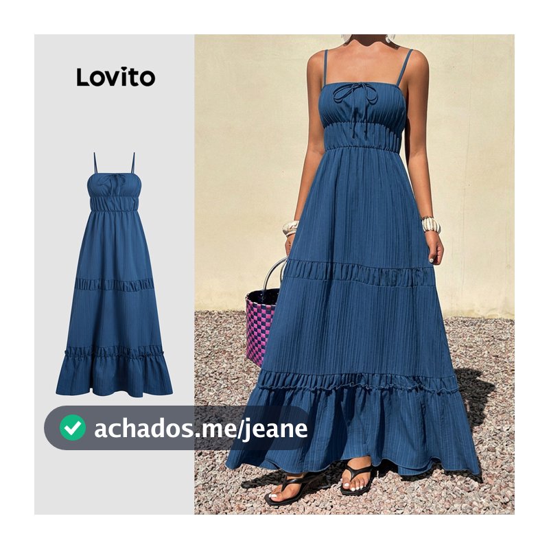 Lovito Vestido Boho com Borda de Folhas de Alface Primavera/verão Azul para Mulheres LK7LD184