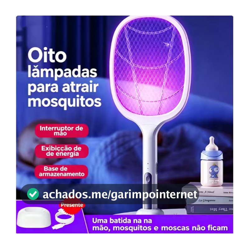 Raquete Elétrica Led Mata Insetos Recarregável Usb Armadilha  Uv Luz Roxa