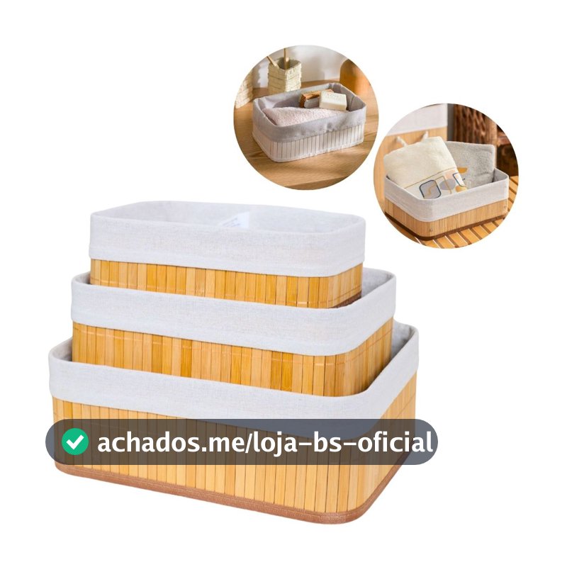 Kit 3 Cestos Organizadores de Bambu Multiuso com Forro
