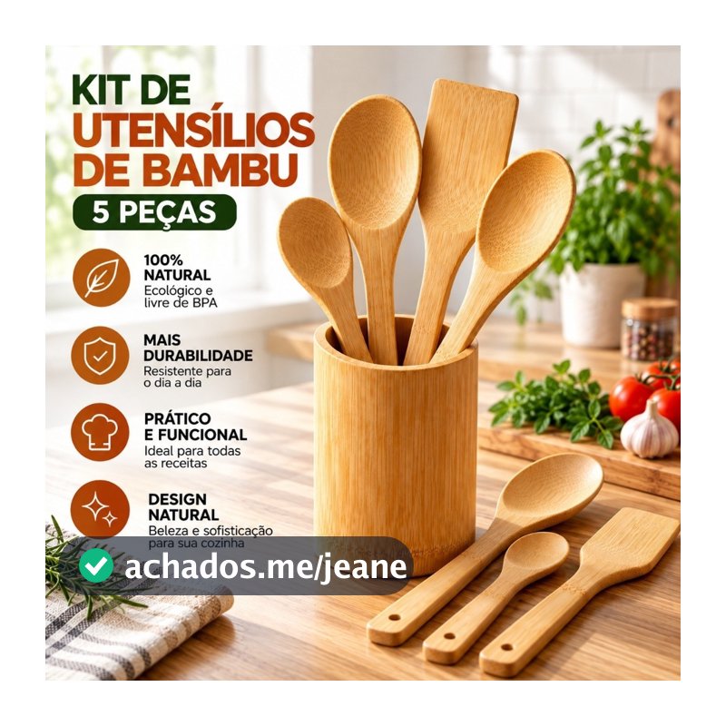Conjunto de Utensílios de Bambu Com 5 Peças Sendo 4 Colheres E 1 Base