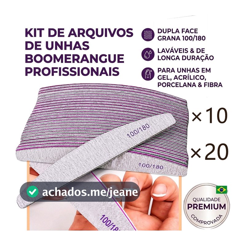 Kit 10 ou 20 Lixa Boomerang Lavável 100/180 Para Unhas Nail Acrigel Porcelana Fibra