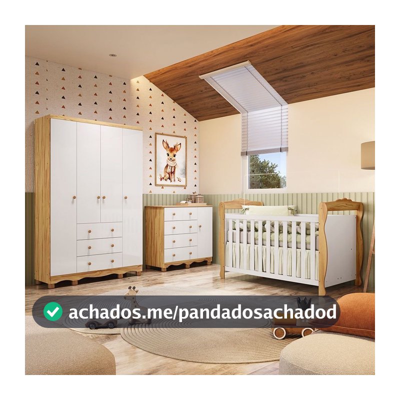Quarto de Bebê Completo Berço 3 em 1, Cômoda e Guarda Roupa MDF Nina Espresso Móveis Branco/Amêndoa Branco