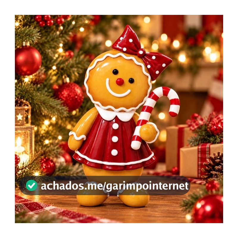 Enfeite de Natal Gingerbread Biscoito de Gengibre em Resina Boneca com Bengala Decoração Natalina 20cm