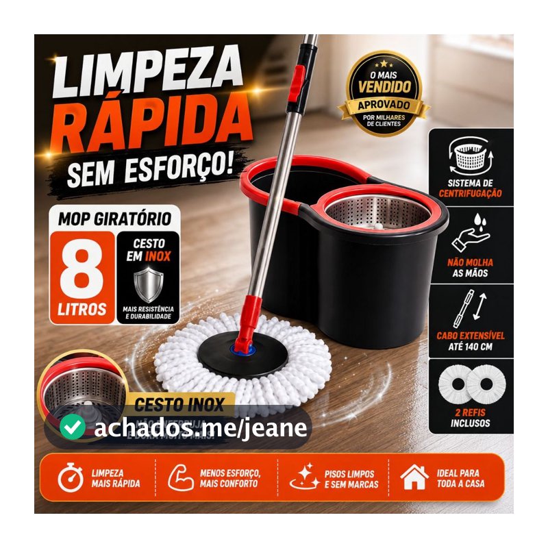 Mop Giratório com Balde Inox + 2 Refis | Cabo Extra Longo 140cm | Limpeza Prática e Rápida - NYBC