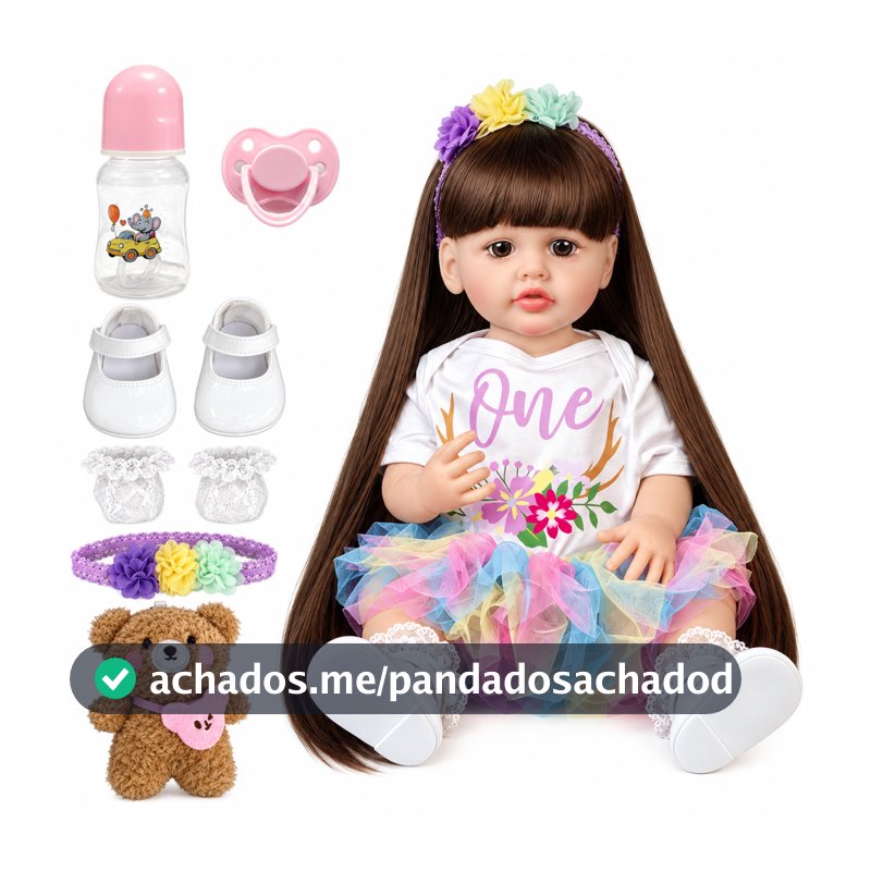 Boneca Bebê Reborn Realista 51cm Cabelo Longo Tutu Colorido com Acessórios Ursinho Presente Infantil