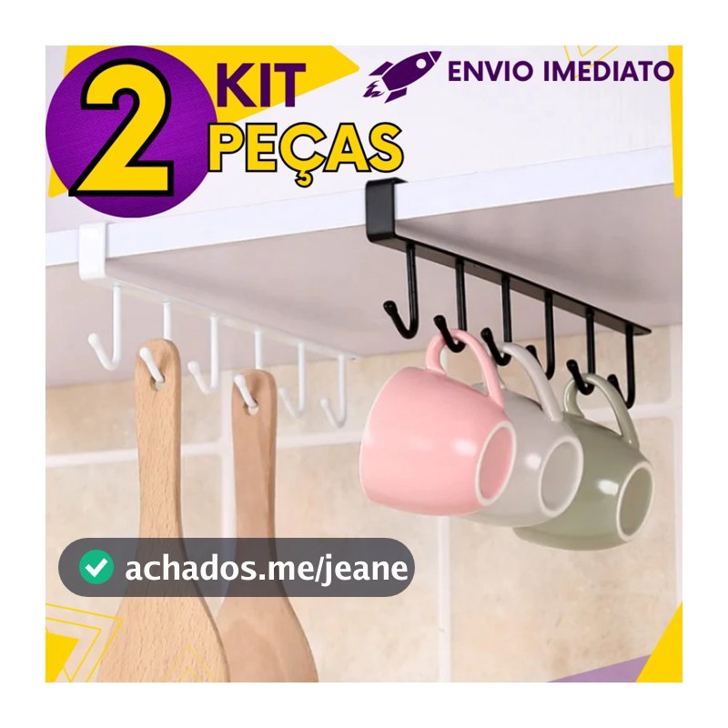 Kit 2, 3, 4 ou 6 un - Cabide Suporte de Metal c/6 Ganchos - Porta Xícara Caneca Roupa (Sem Furo)