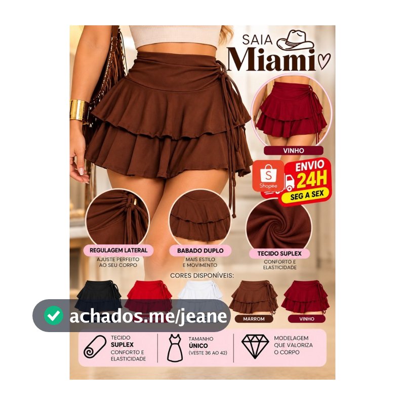 Saia Feminina Curta Suplex Premium Babado Duplo Tendência Moda Blogueira (SAIA MIAMI)