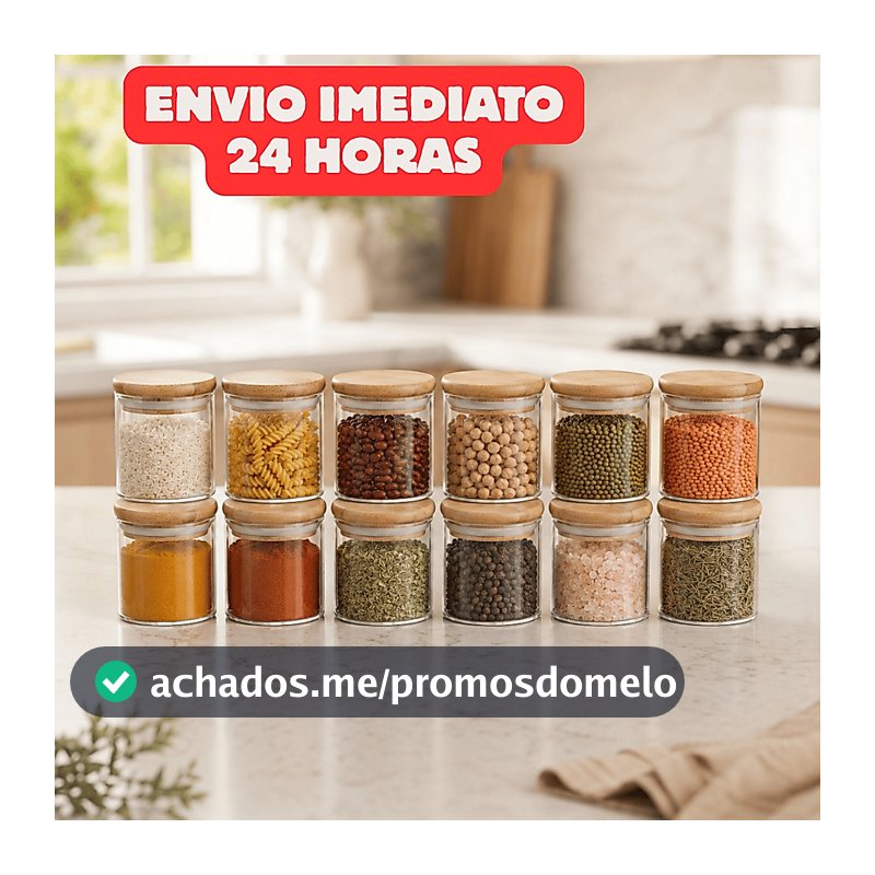 Kit 12/6 Potes de Vidro 200ml com Tampa de Bambu Hermético Mantimentos Condimentos Empilhaveis