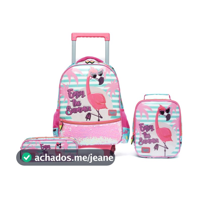 Kit Mochila Escolar Feminina Flamingo Rodinhas Polo One Infantil Lancheira Térmica Estojo Resistente