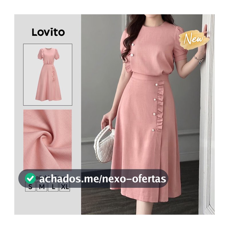 (New Arrival) Lovito Casual Vestido Longo Flare Rosa Babado Botão Assimétrico Férias Primavera Verão Para Mulheres DRB39BR038